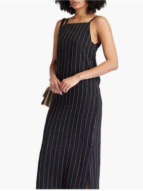 Navy Pinstripe Midi Dress Fully Lined Minimalist Pullover Designer Style M